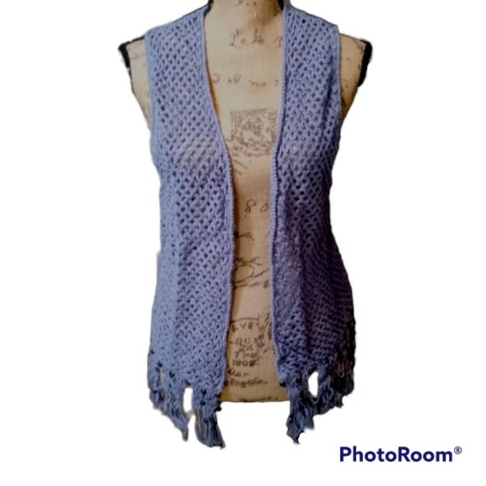VTG Blue Hippy Crochet Beaded Fringe Linen Sweater Vest S